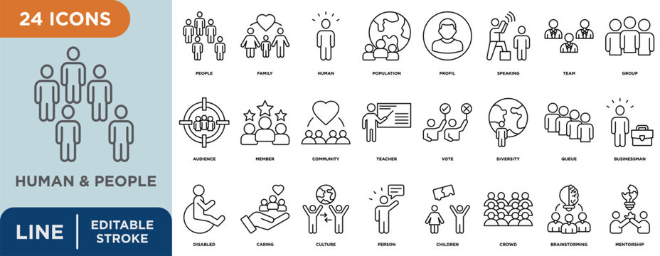 Human & people line icon set with editable stroke for people, family, human, population, profile, speaking, team, group, audience


