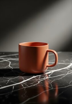Ceramic coffee mug on black marble background still life product photography