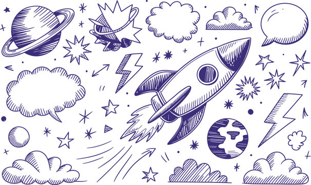 Hand drawn space exploration elements set featuring rocket ship planets stars and clouds in scribble style handdrawn scribble exploration astronomy illustratioastrophysics lightning creative adventure