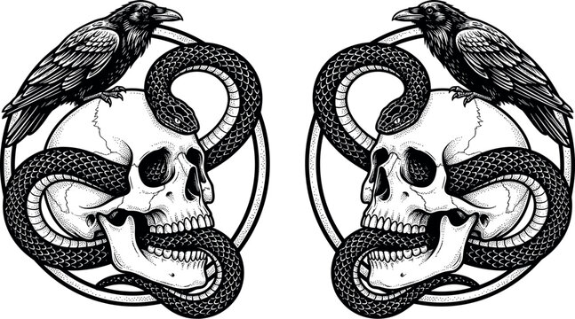 Gothic Human Skull with Coiled Snake and Raven Bird Vector Illustration Element Set for Dark Art Tattoos Halloween Themes and Heavy Metal Merchandise Designs