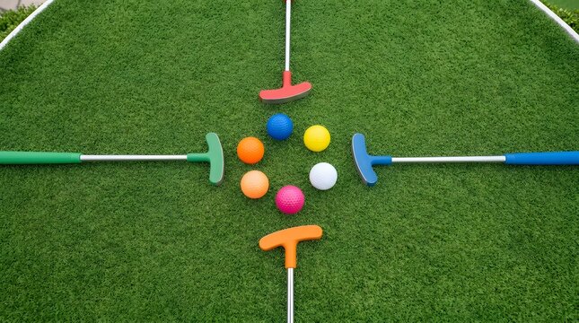 Mini golf putters and balls on artificial turf