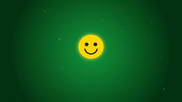 Animated yellow smiley face emoji shrinking and receding on dark green background with subtle light rays and glowing particles, abstract illustration for positive feedback or emotion.