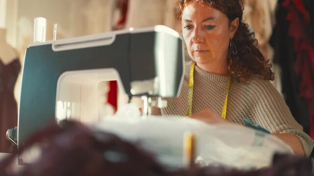 Sewing and crafting with a sewing machine in a workshop during the day