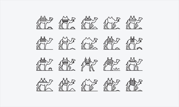 Camel traditional desert animal symbol of Rajasthan culture line art icon set vector illustration