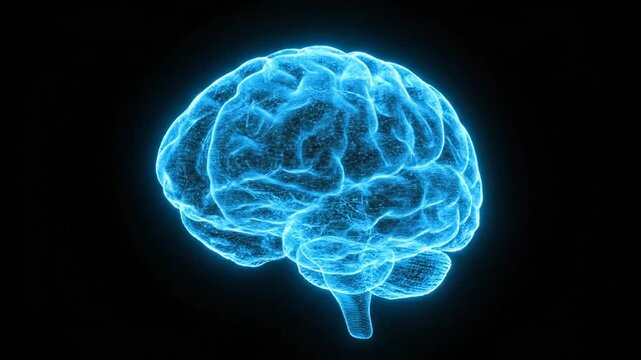 A glowing digital human brain model against a dark background