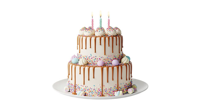 Two tiered birthday cake with buttercream frosting sprinkles and lit candles on transparent background dessert sweet pastry confectionery