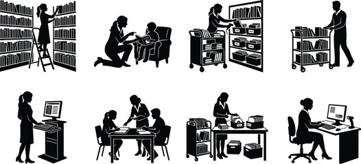 Black and white silhouette icons of librarians managing archives organizing bookshelves helping students and scanning books in a library © Gauranga
