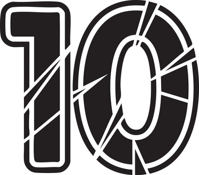 Number Ten Silhouette With Cracked Design, Black And White Graphic