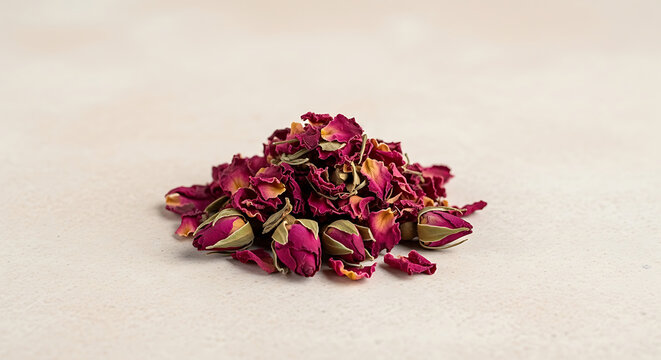 A small pile of dried pink rose buds and petals on a beige background