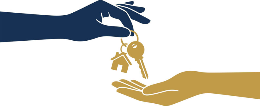 A hand passes house keys to another hand in a symbolic exchange.