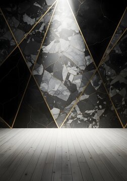Geometric marble wall with golden accents and wooden floor on black marble background