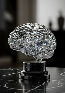 Glass brain on black marble base with reflective surface and black marble background