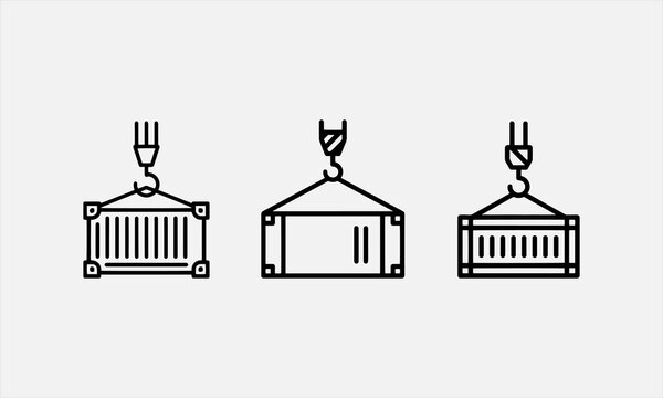 Line Art Shipping Container Icon with Crane Hook for Logistics Projects. line art icon set vector illustration