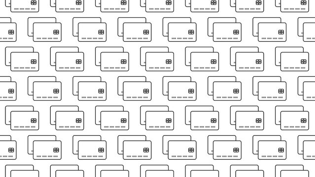 Modern seamless background with stroke outline payment cards in repeat-pattern style for finance themes, banking apps, online payments, and business visuals. Seamless credit or debit card pattern.