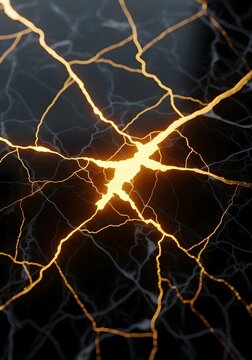 Golden cracks on black marble background abstract texture with glowing lines