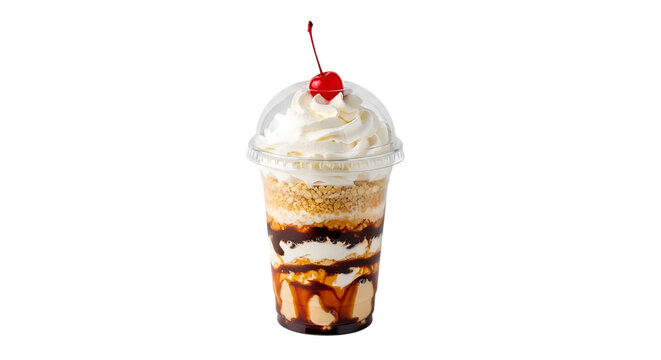 Layered dessert in a plastic cup with whipped cream and cherry on transparent background parfait treat sweet beverage
