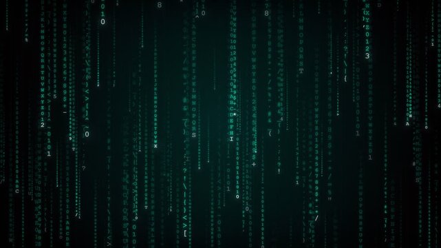 Digital data stream flowing downward in dark tech environment
