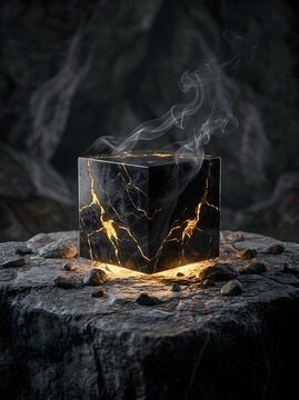 Golden illuminated marble cube on a black marble background with smoke