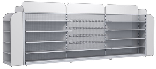 Supermarket retail gondola shelving with metal pegboard, empty shelves, rounded toppers, euro hooks with price holders. 3d illustration transparent background © Wire_man