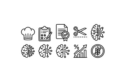 Fototapeta premium Chef Hat, Customer Survey, Approved Application, AI and Business Line Icons Set – Editable Stroke Vector Collection