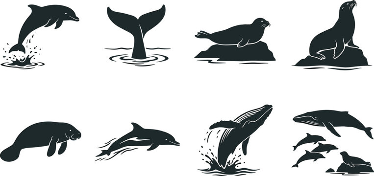 Black and white silhouette vector icons of marine mammals including dolphins whales seals sea lions and manatees swimming