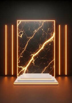 Golden neon frame with marble texture and pedestal on black marble background