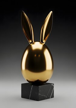 Golden rabbit sculpture on black marble base luxurious 3d rendering