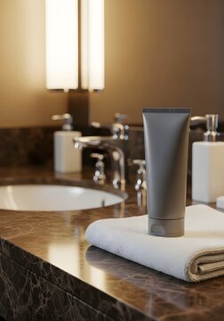 Gray cosmetic tube on bathroom vanity with black marble background