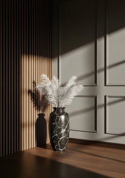 Interior design with a black marble vase and textured wall on a black marble background