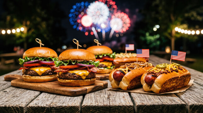 American BBQ Burgers and Hot Dogs with Fireworks and Lights