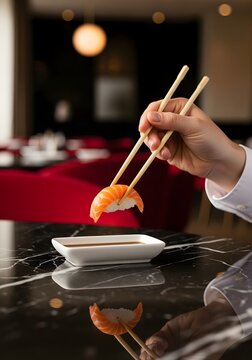 Hand holding chopsticks with salmon sushi on a black marble background