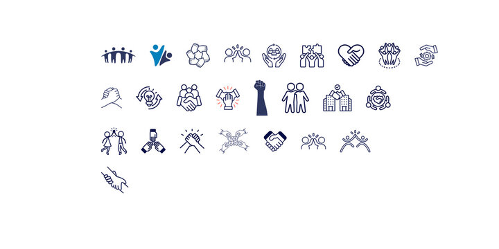 Business teamwork and partnership line icon set representing cooperation unity and success.