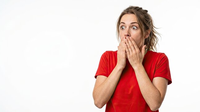 Young woman in red t-shirt showing shocked facial expression with hands covering mouth isolated on white background