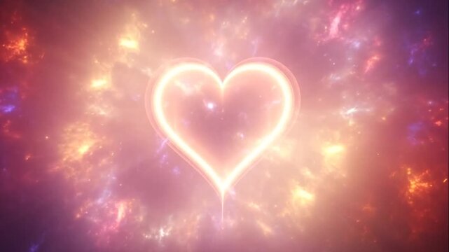 A glowing heart shape radiates light within a cosmic nebula background