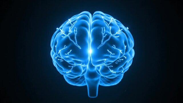 A glowing blue human brain model against a dark background