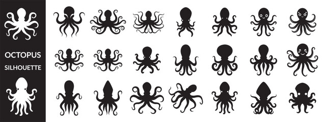 Black silhouette of octopus illustrations in black silhouette vector style, © iconpower