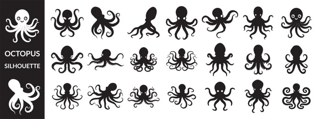 Black silhouette of octopus illustrations in black silhouette vector style, © iconpower
