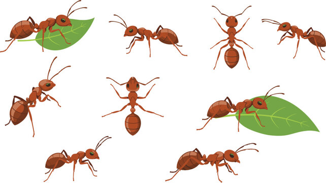 Red ant vector illustration collection featuring various cartoon worker ants carrying leaves isolated on a white background