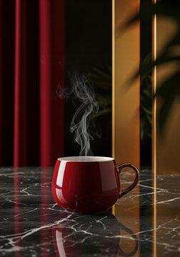 Red teacup with steaming tea on a black marble surface elegant still life