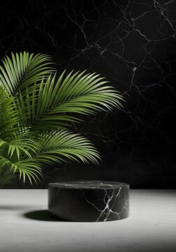 Tropical palm leaves with black marble pedestal and background product display