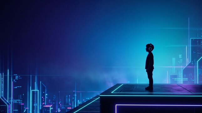 silhouette of person with headphones standing on edge of cyberpunk neon city