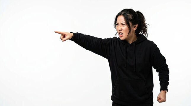 Angry Young Asian Woman Pointing Aggressively at Something Isolated on White Background