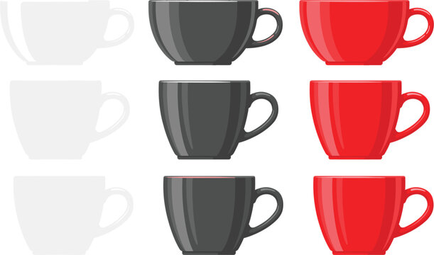 Coffee cup vector set featuring white black and red ceramic mugs for kitchen template isolated on white background