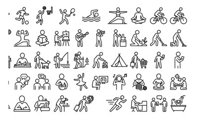 Naklejka premium Active People Line Art Vector Collection with Sports Fitness and Everyday Activity Icons