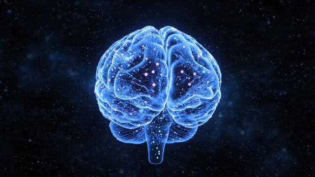A glowing digital human brain model floating in dark space