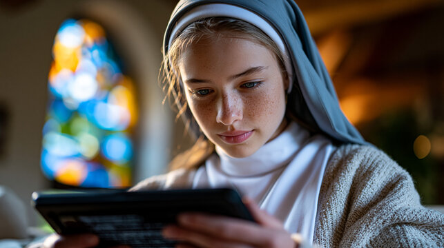 Young novice nun in contemporary convent common room browsing theology coursework on tablet device, simple habit attire, afternoon light through arched window, modern religious vocation discernment 