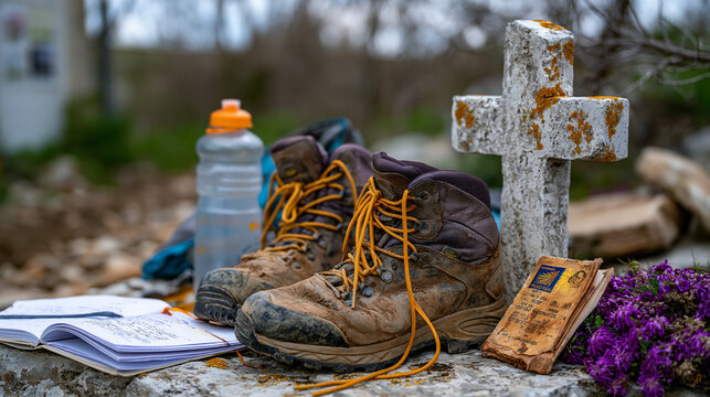 Barefoot pilgrim resting dusty hiking boots beside weathered stone wayside cross on overcast Camino trail, journal and worn credential passport beside water bottle, solo spiritual journey endurance 