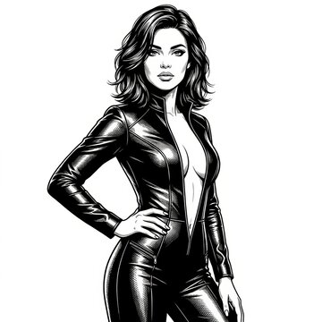 Confident woman posing in a structured high-fashion outfit, bold editorial portrait with modern pin-up inspired styling, detailed black and white vector illustration.