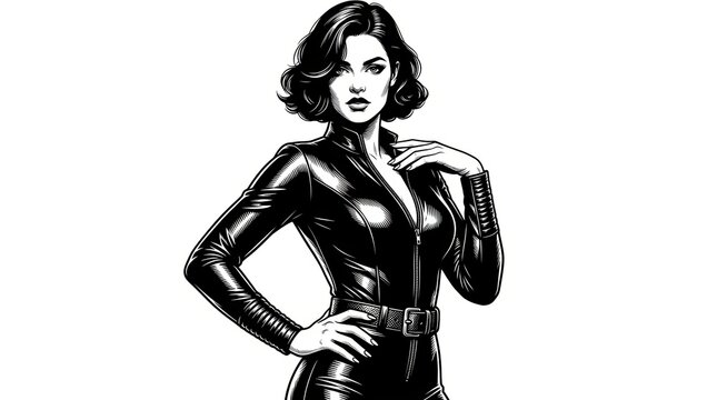 Confident woman posing in a structured high-fashion outfit, bold editorial portrait with modern pin-up inspired styling, detailed black and white vector illustration.