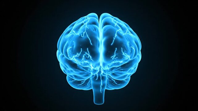A glowing blue human brain model against a dark background